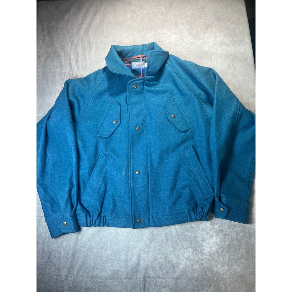 Pendleton Mens Wool Bomber Jacket Medium Teal Blue Vintage Made in USA Plaid